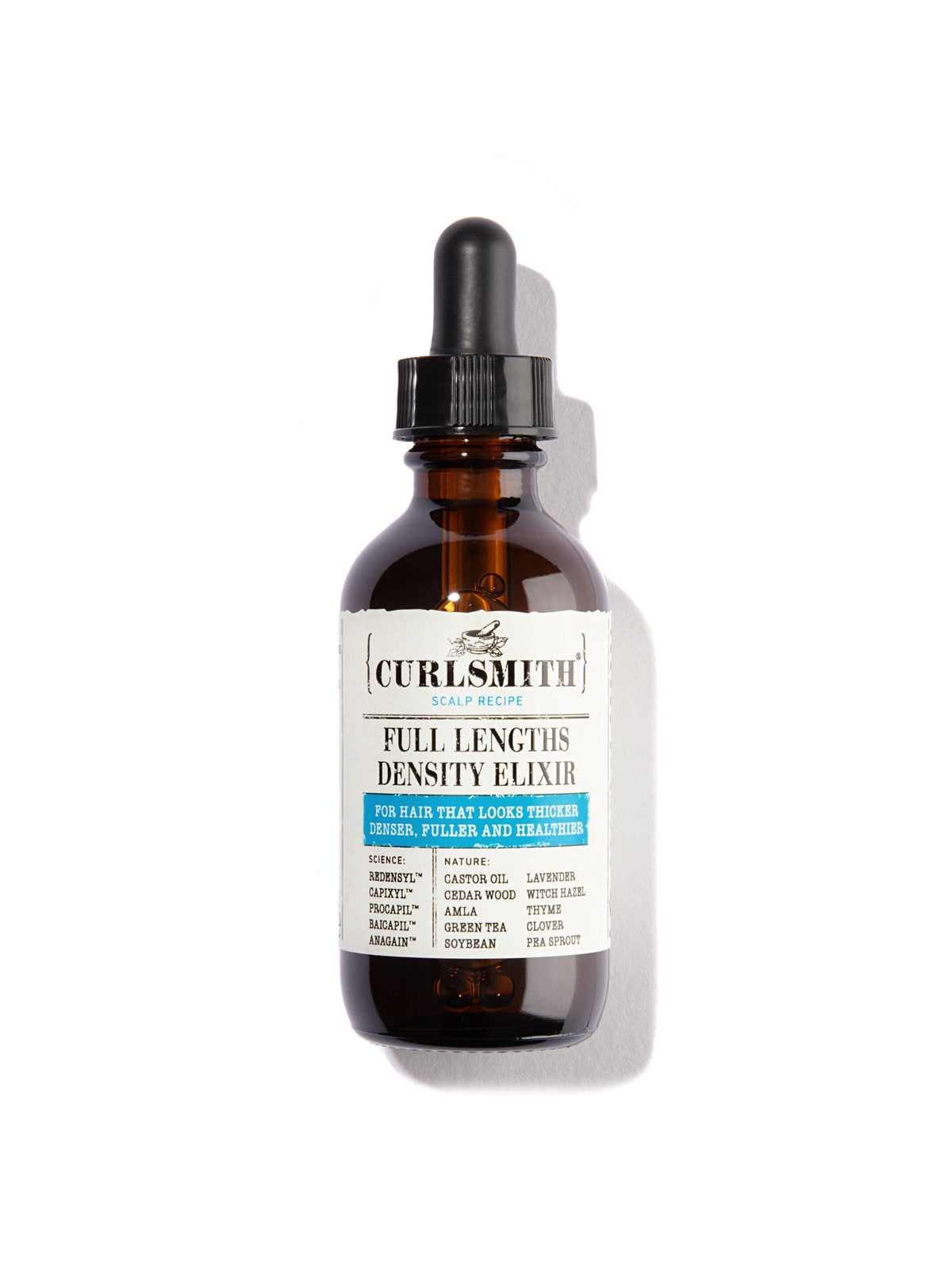 Bottle of Curlsmith Full Lengths Density Elixir on a white background