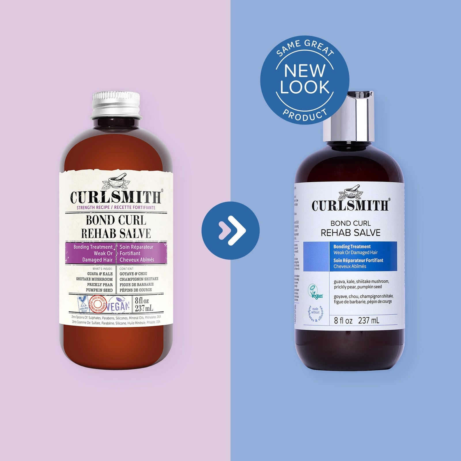 Two bottles of Curlsmith Bond Curl Rehab Salve on a light purple and blue background with a 'Same Great Product' label.