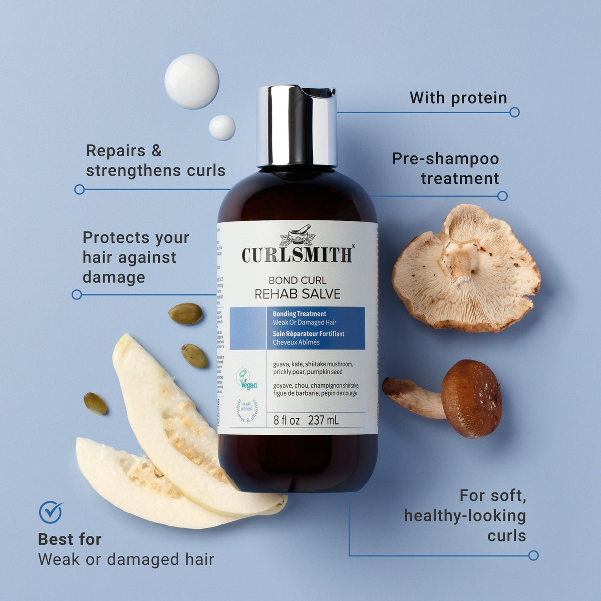 Curlsmitth bond curl rehab salve bottle with ingredients on a blue background