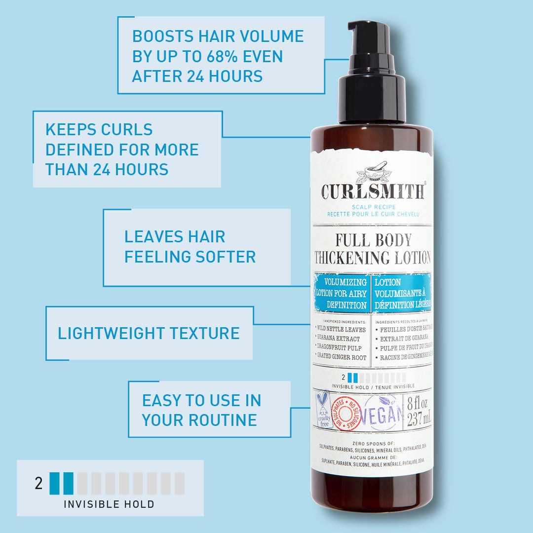 Curlsmith Full Body Thickening Lotion bottle with product features on a blue background