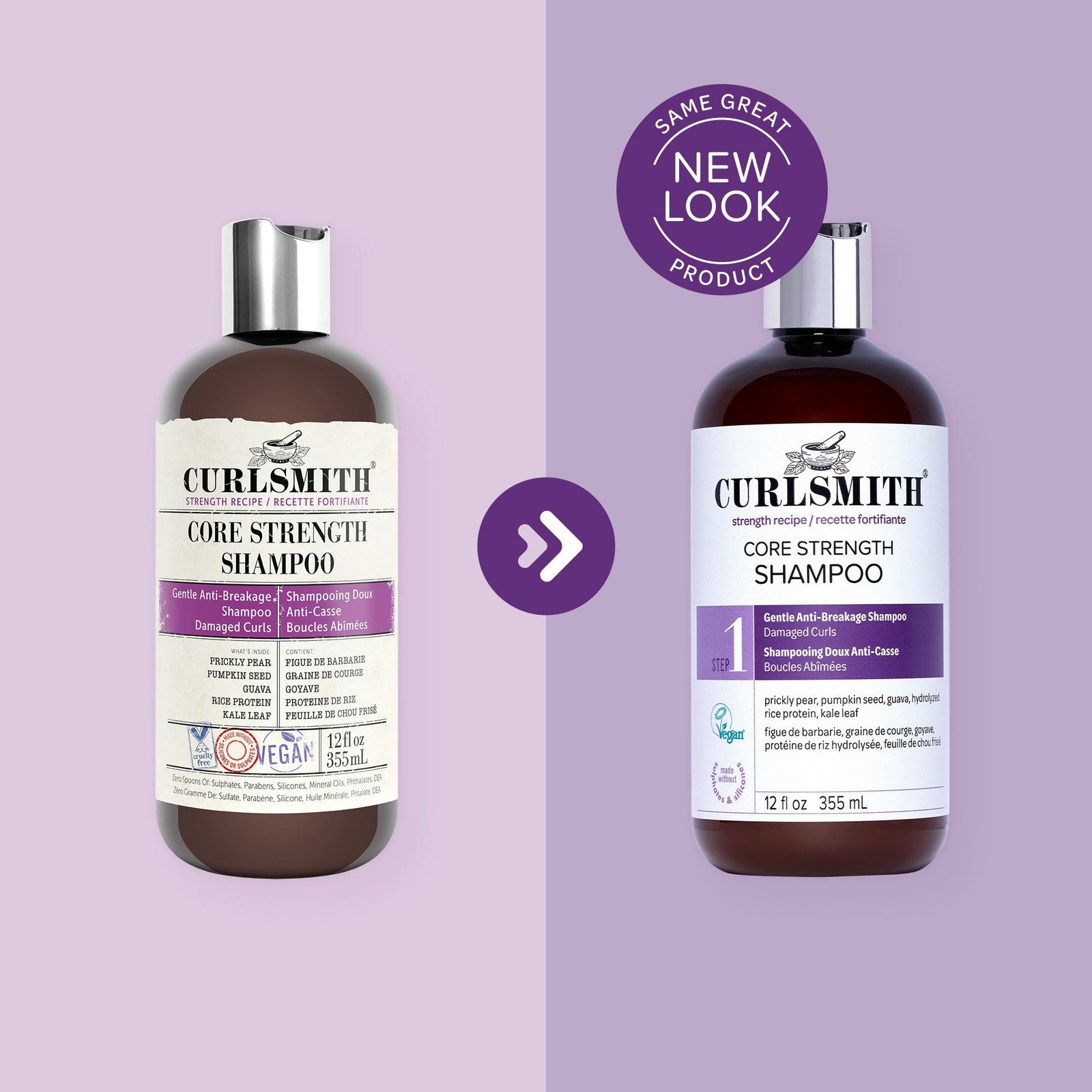Two bottles of Curlsmith Core Strength Shampoo on a purple background with a 'Same Great Product, New Look' label.