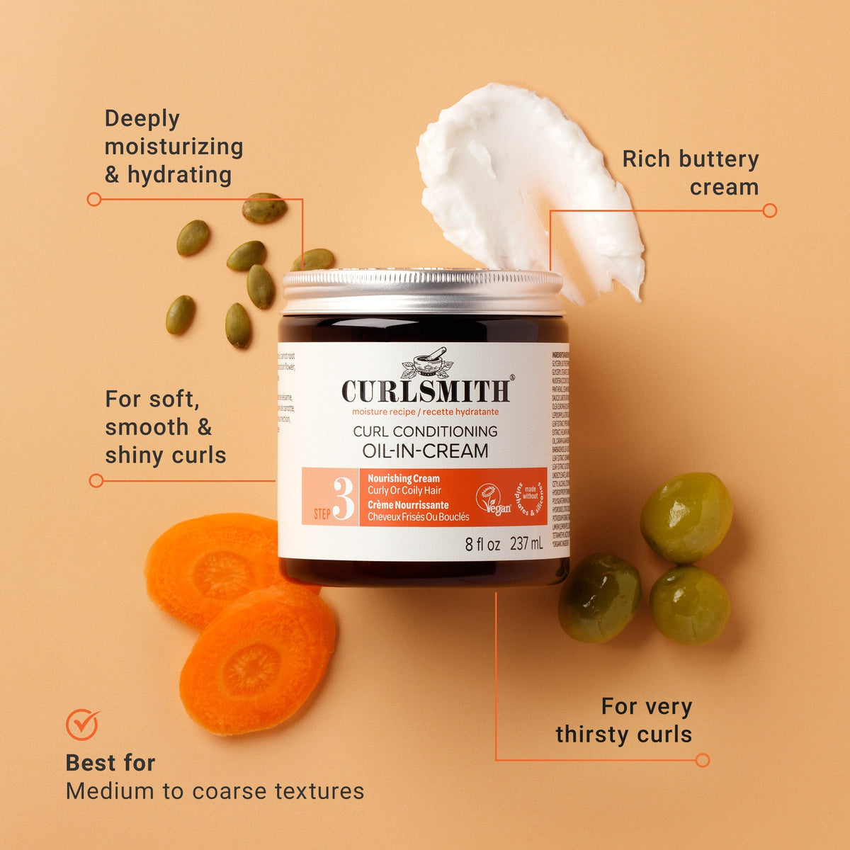 Jar of Curlsmith curl conditioning oil-in-cream with ingredients on a beige background