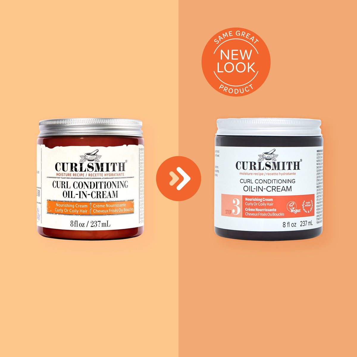 Two containers of Curlsmith Curl Conditioning Oil-In-Cream with a 'Same Great Product, New Look' label on an orange background.