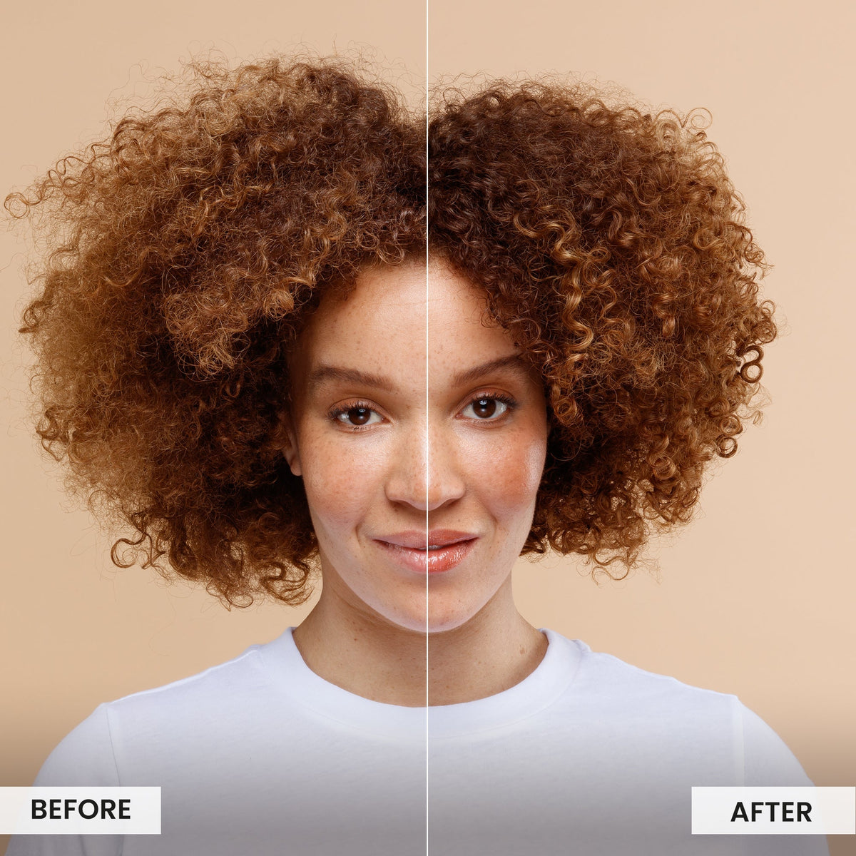 Before and after comparison of a woman with curly hair on a beige background