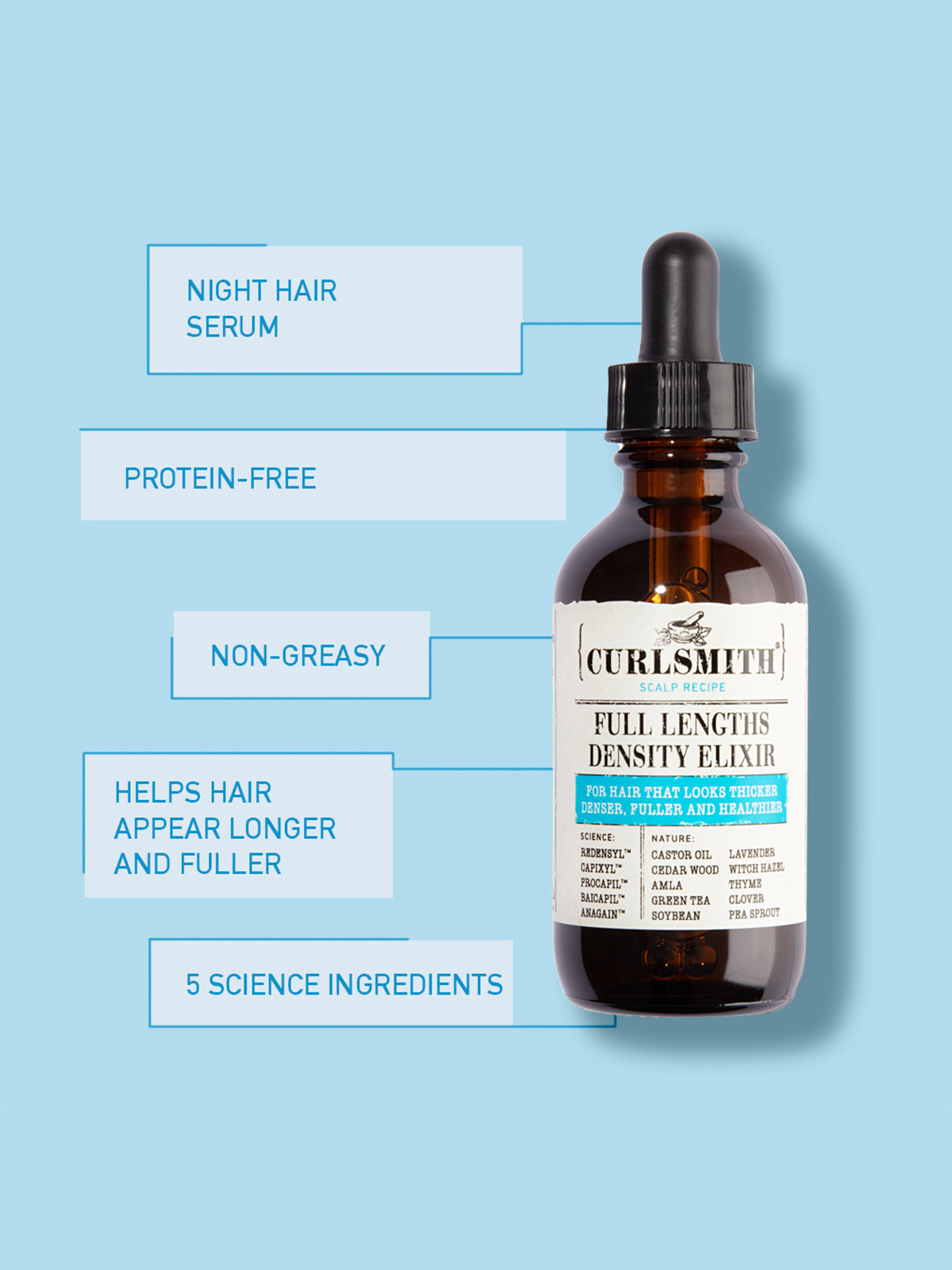 Curlsmith hair density elixir bottle with features listed on a blue background