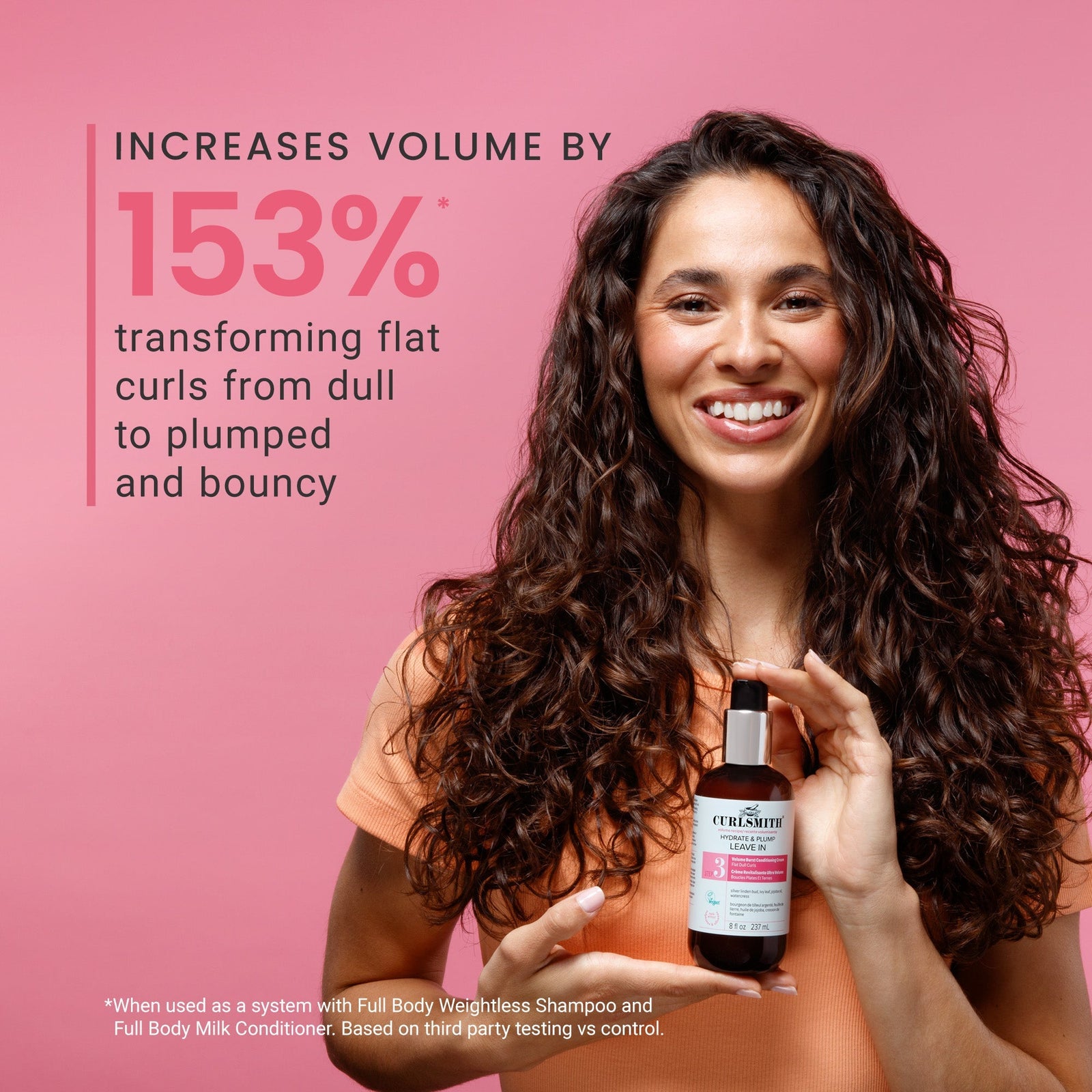 Woman holding a bottle of hair product with text on a pink background