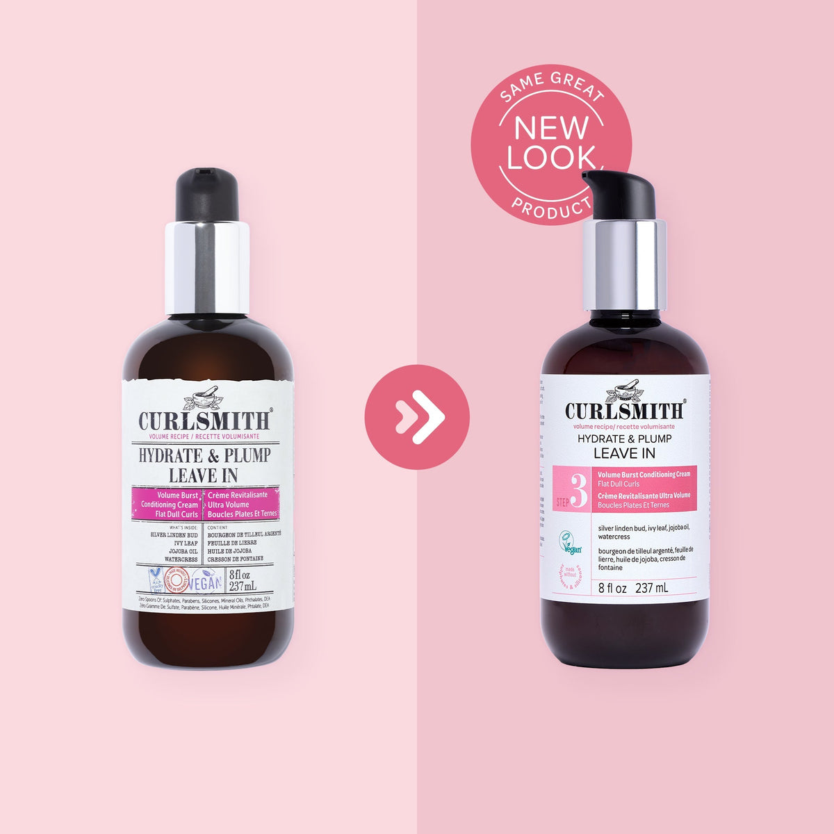 Two bottles of Curlsmith hair care products on a pink background with a 'Same Great Product, New Look' label.