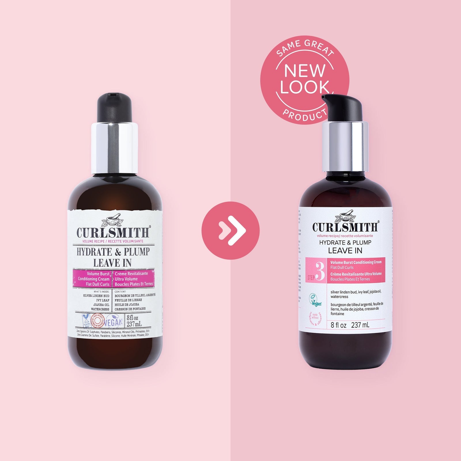 Two bottles of Curlsmith hair care products on a pink background with a 'Same Great Product, New Look' label.