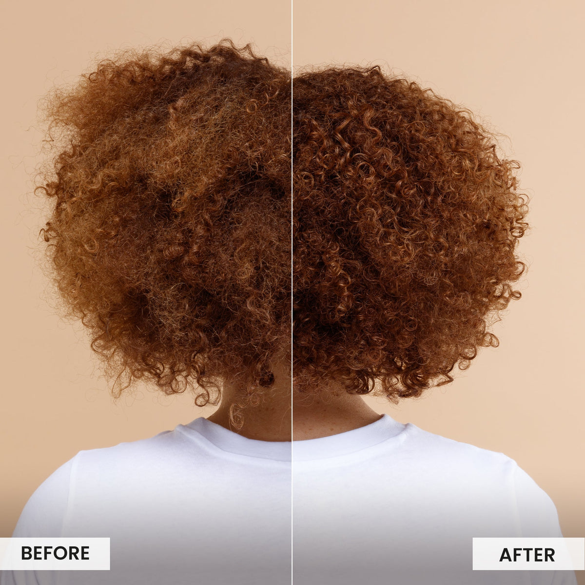 Before and after comparison of curly hair on a beige background