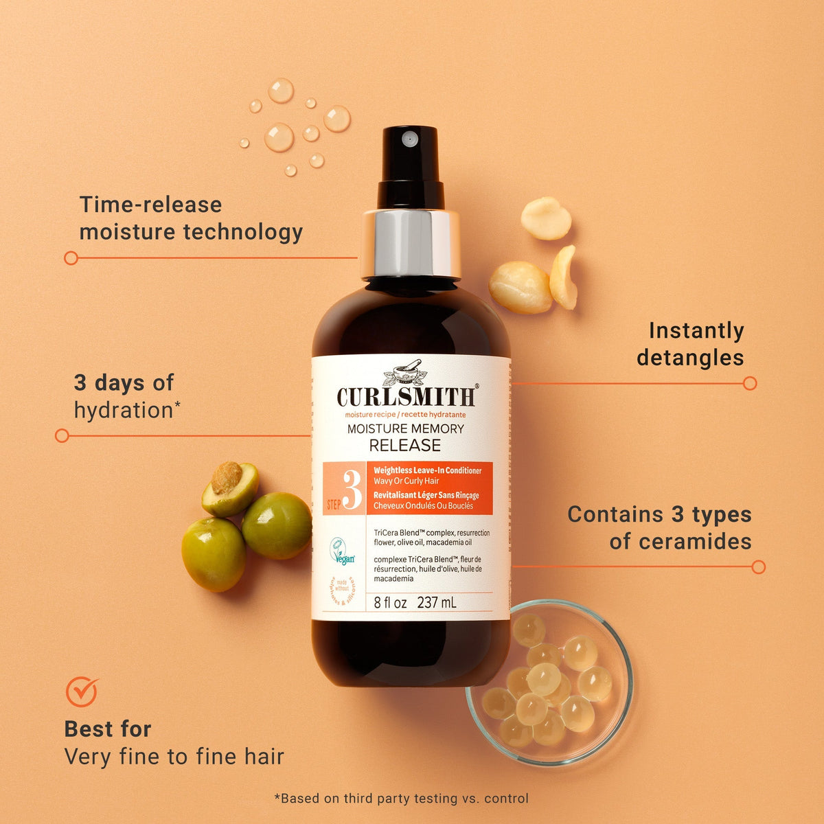 Bottle of Curlsmith hair care product with features highlighted on an orange background