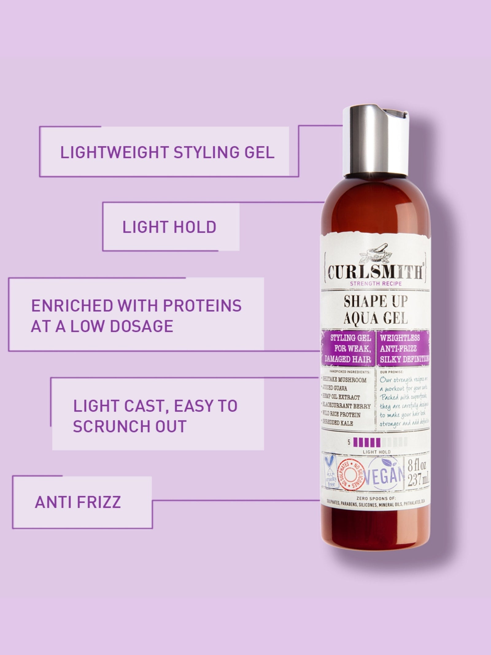 Curlsmith styling gel bottle on a purple background with product features listed.