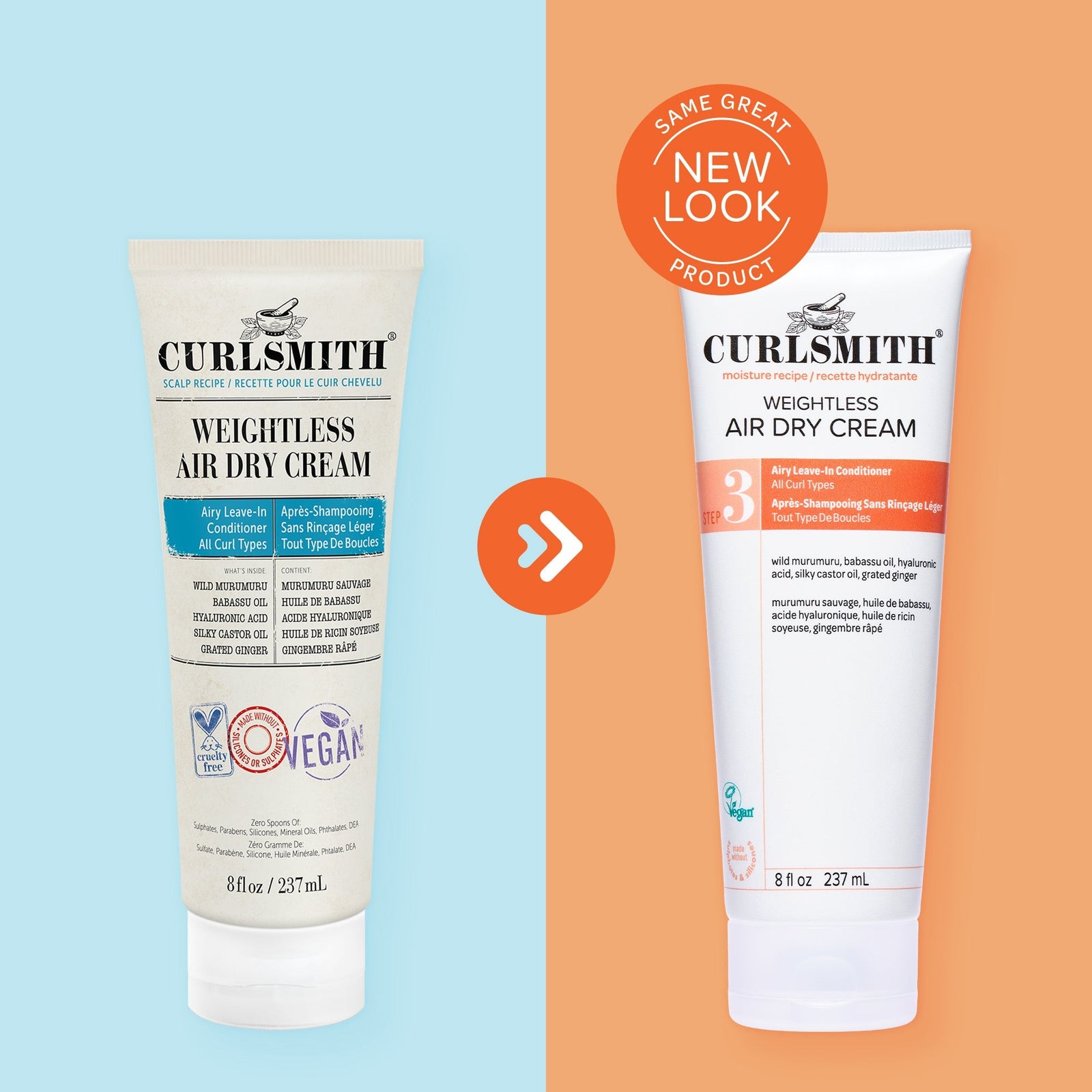 Two versions of Curlsmith Weightless Air Dry Cream on a blue and orange background with a 'New Look' label.