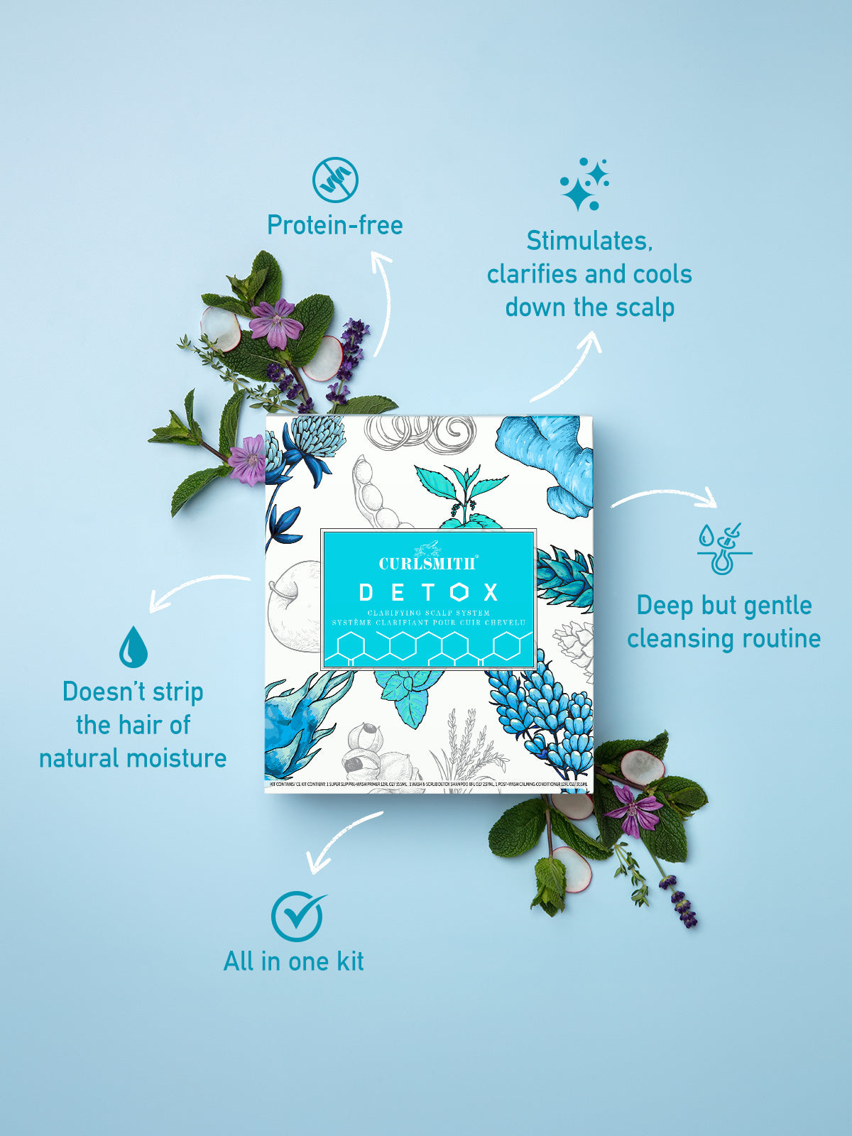 Curlsafe Detox hair care kit packaging with botanical elements on a light blue background