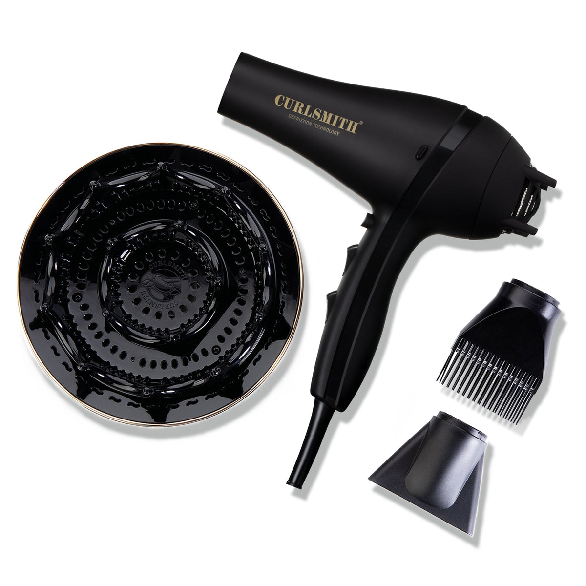 Black hair dryer with attachments on a white background, featuring the 'Curlsmith' brand.