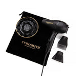 Black hair dryer with attachments and a pouch on a white background, featuring the Curlsmith brand.