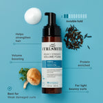 Curlsmith Bouncy Strength Volume Foam bottle with ingredients and benefits on a blue background