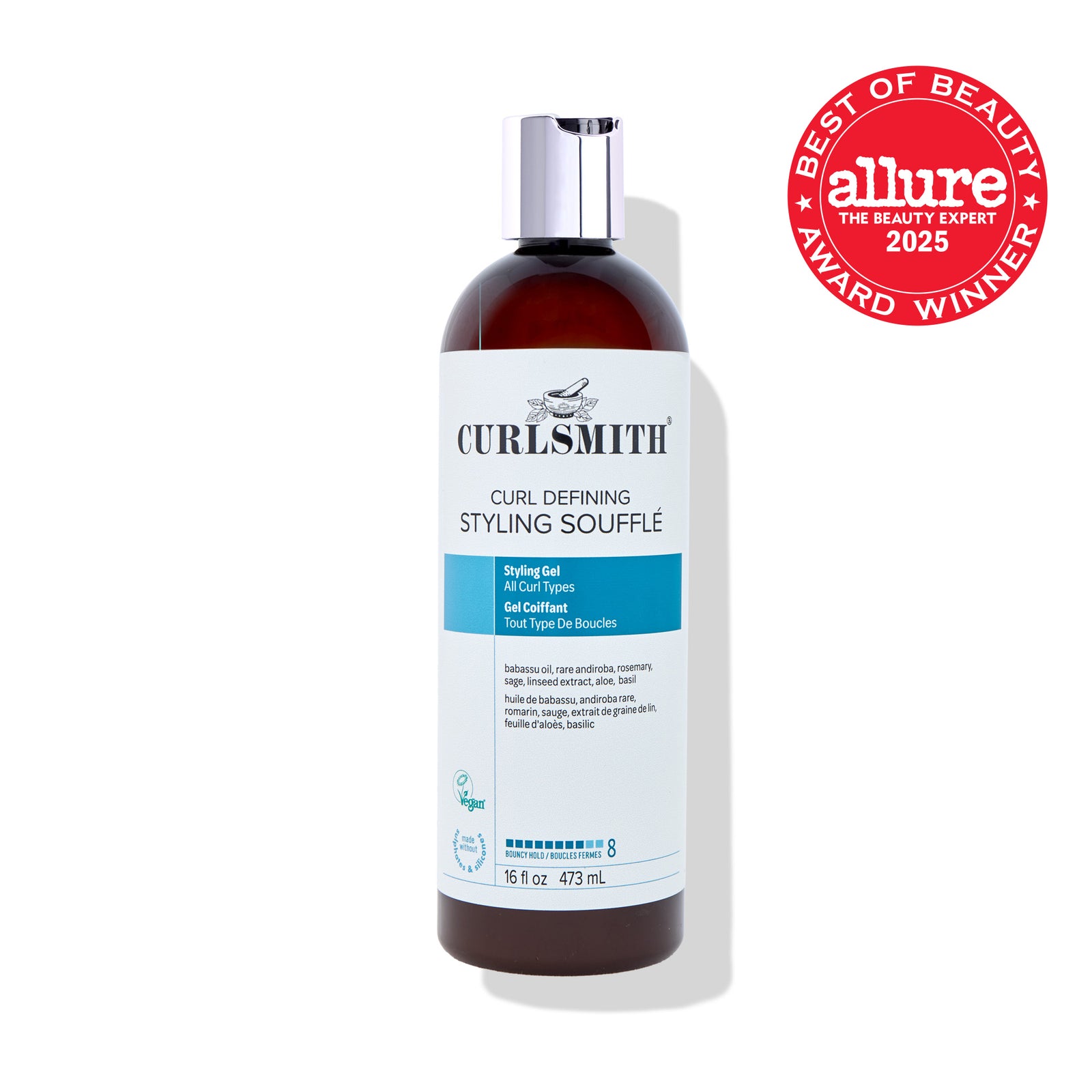 Curlsmith Curl Defining Styling Souffle bottle with Allure Best of Beauty Award badge on a white background