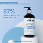 Curlsmitth conditioner bottle on a light blue background with text about hair softness.