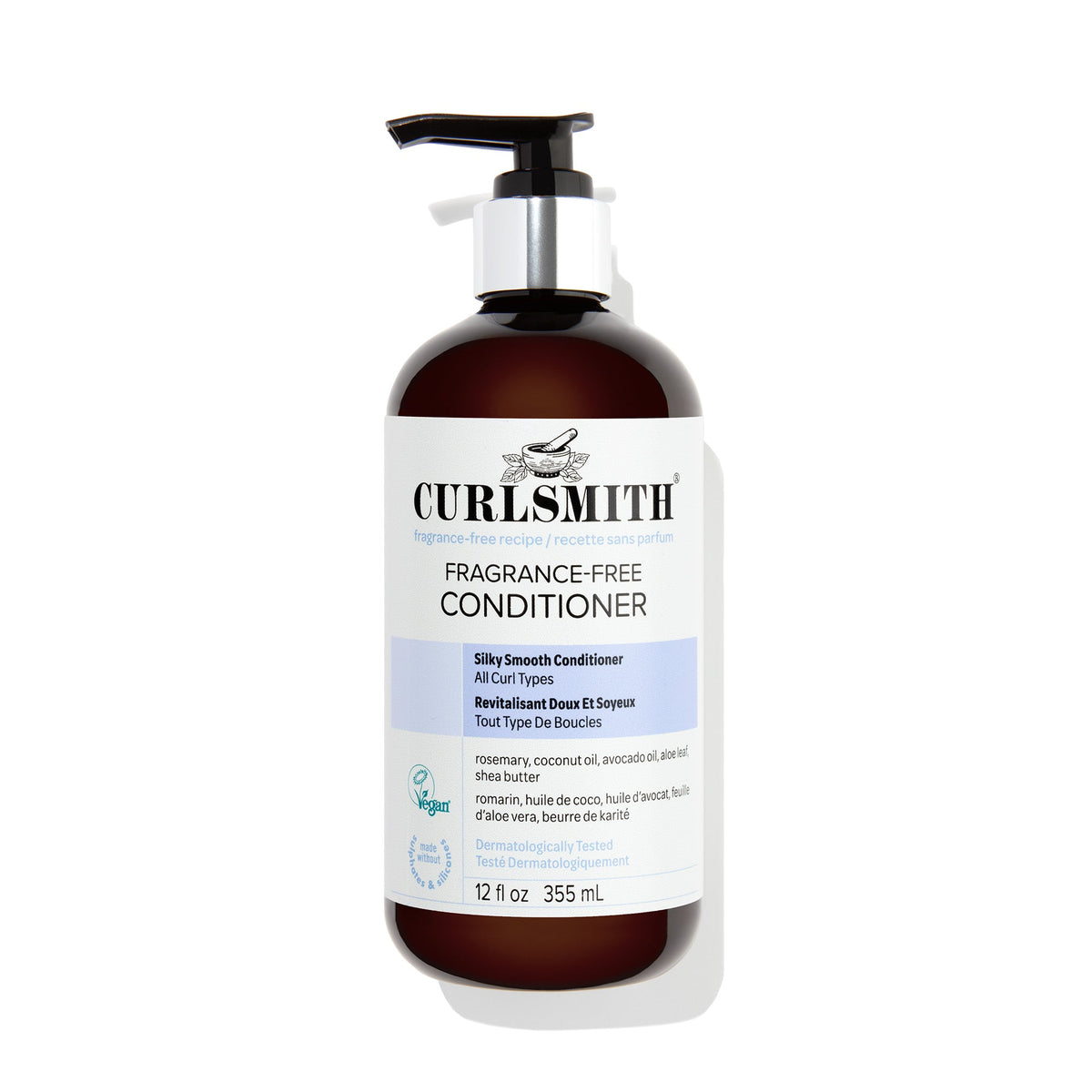 Curly Smith fragrance-free conditioner bottle on a white background, Click to enlarge