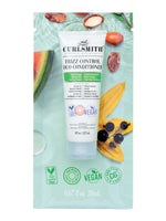 Curlsmith frizz control duo conditioner packaging with natural ingredients on a light green background