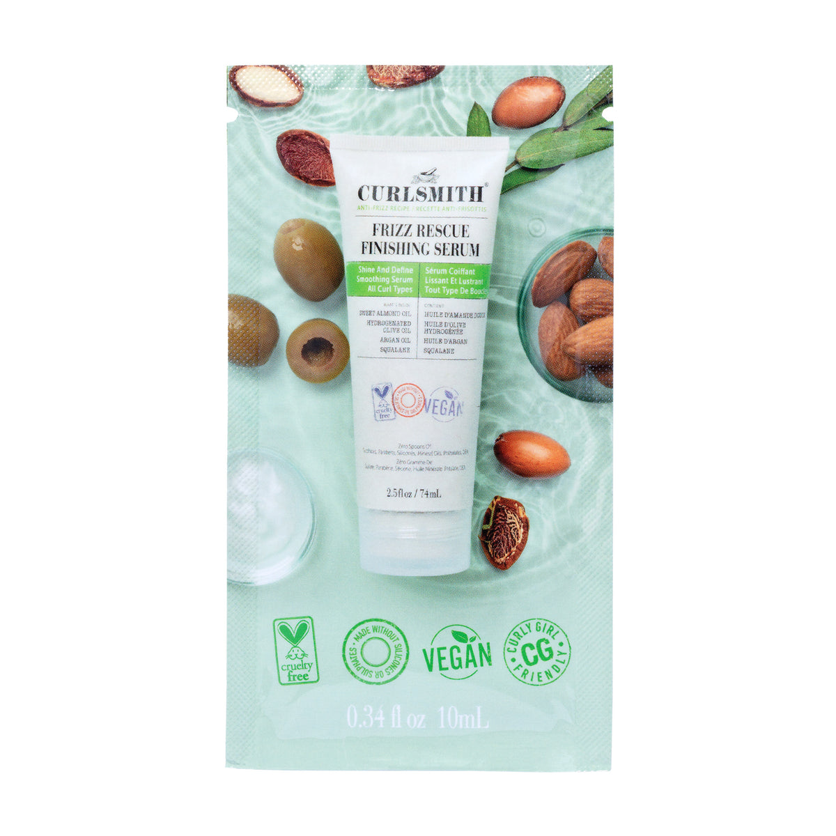 Curlsmith Frizz Rescue Finishing Serum packaging with almonds on a light green background