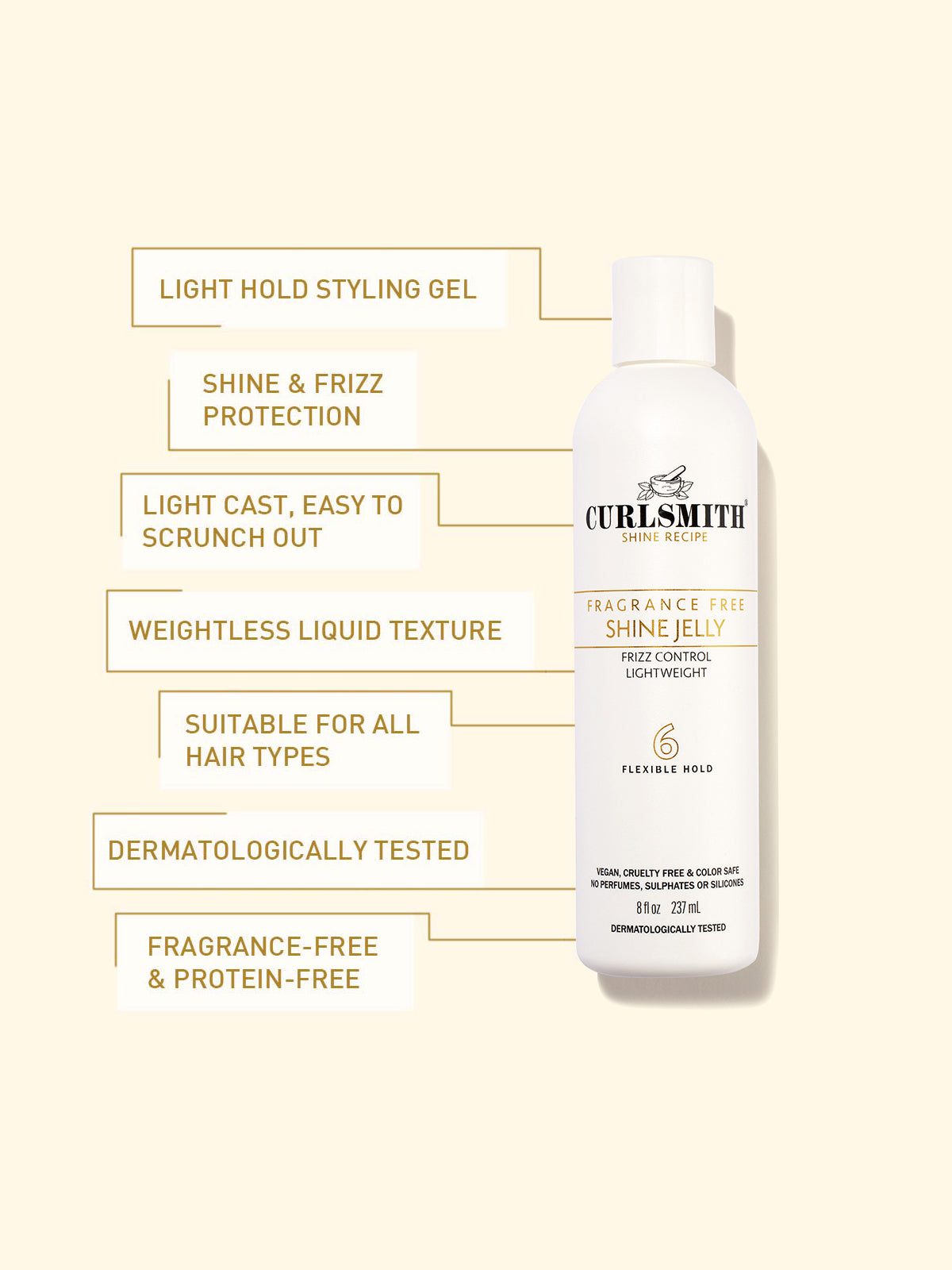 Curlsmith hair product with features listed on a beige background