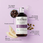 Curlsmith core strength shampoo bottle with ingredients and benefits on a purple background