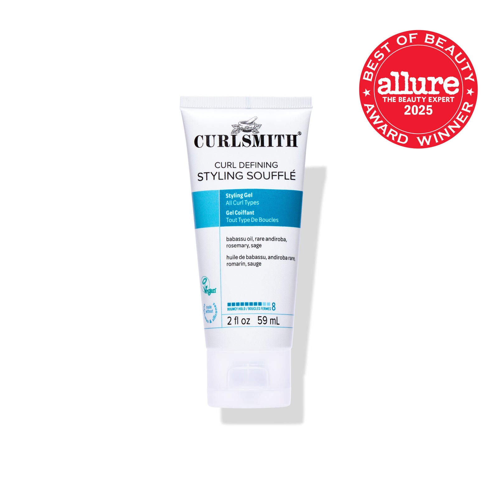 Curlsmith Curl Defining Styling Souffle tube with Allure Best of Beauty Award badge on a white background