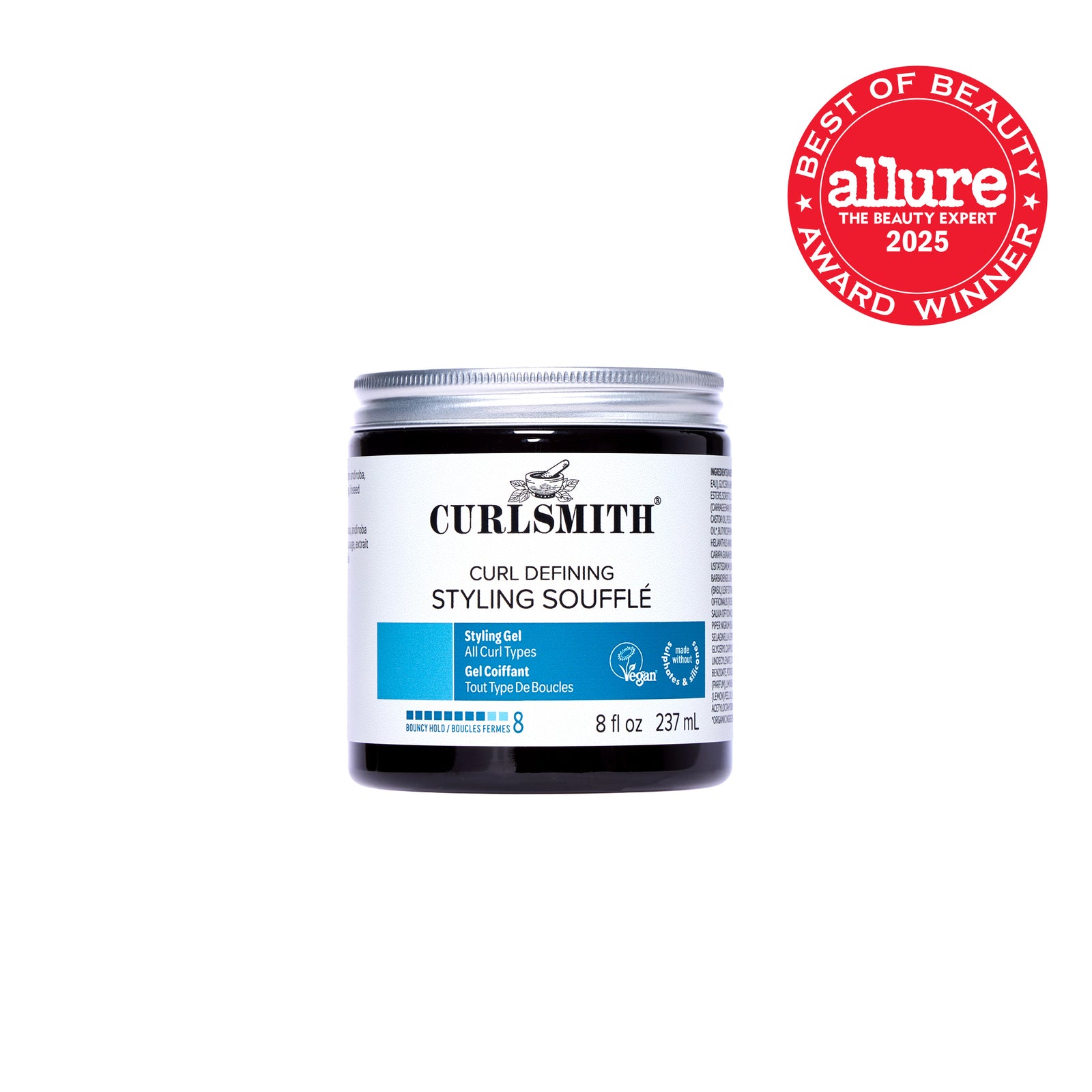 Curlsmith Curl Defining Styling Souffle jar with Allure Best of Beauty Award badge on a white background