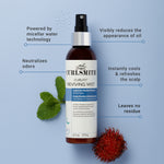 CurlSmith Curl Lift Reviving Mist bottle with features on a blue background