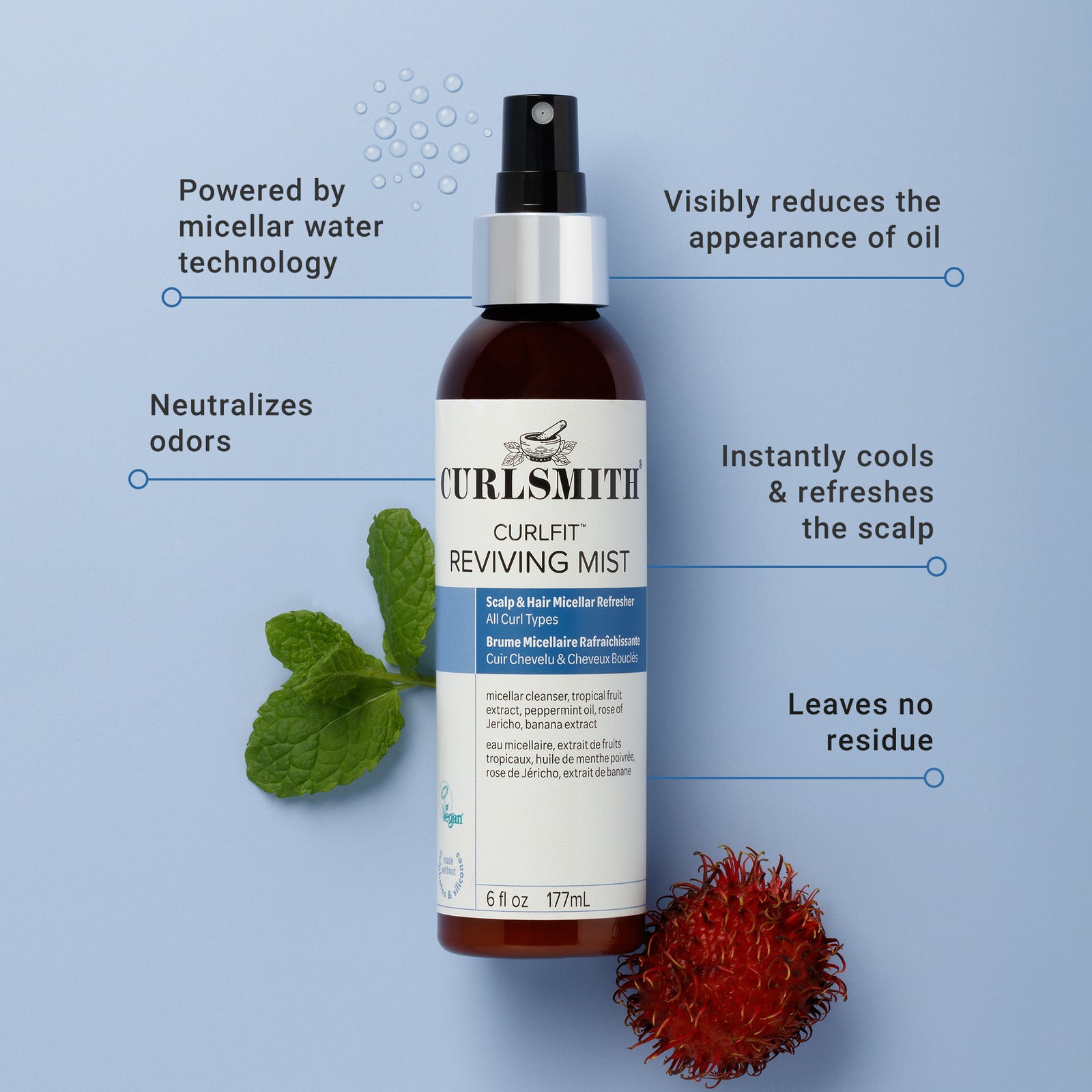 CurlSmith Curl Lift Reviving Mist bottle with features on a blue background, Click to enlarge