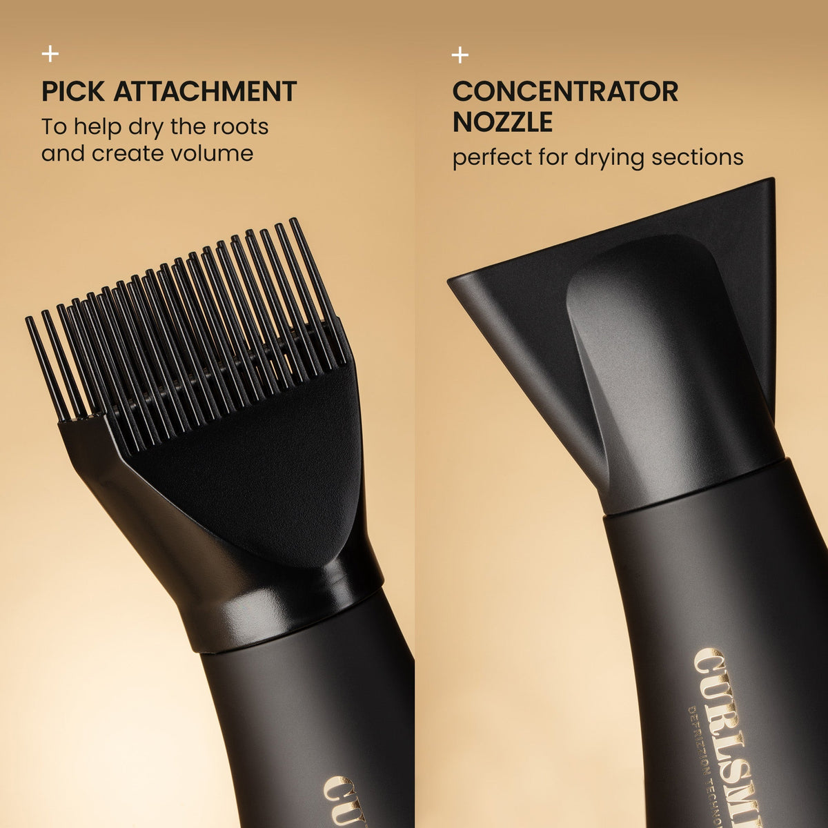 Hair dryer attachments with pick attachment and concentrator nozzle on a beige background, Click to enlarge