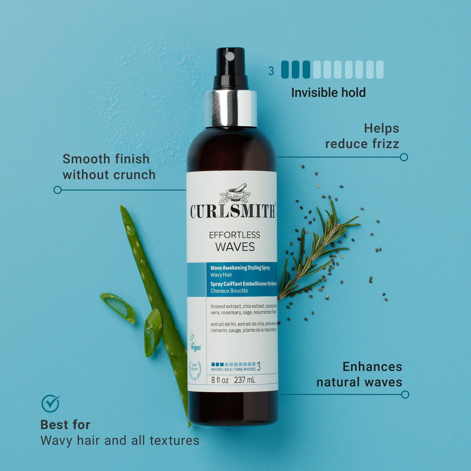 Curlsmith styling spray bottle with product features on a blue background