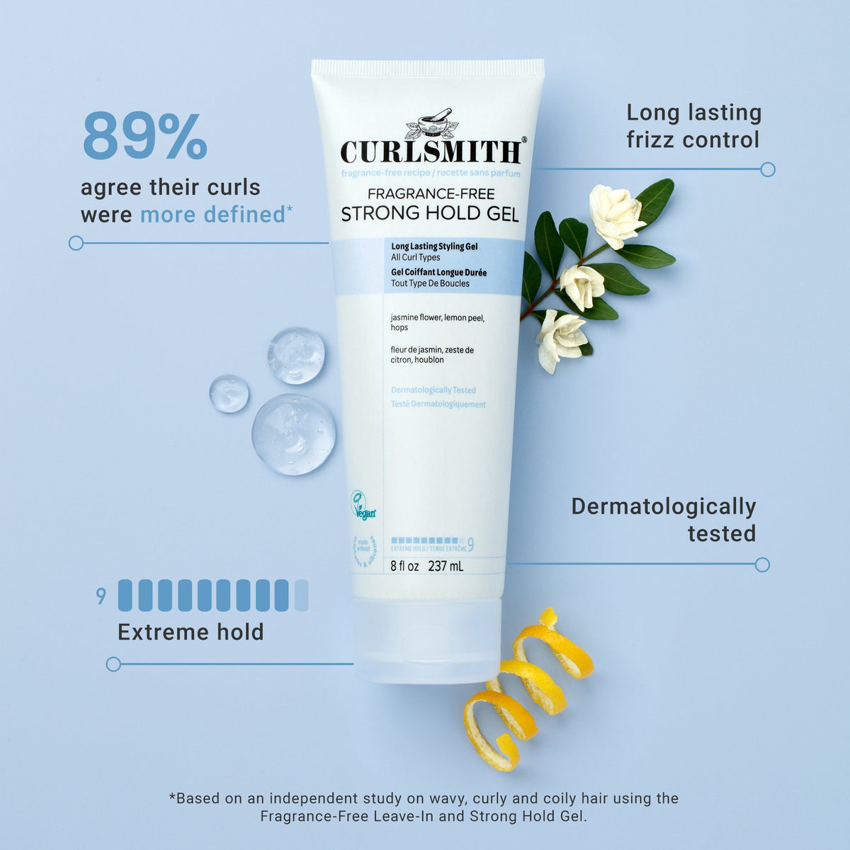 Curlsmith hair gel with floral elements and text on a light blue background, Click to enlarge