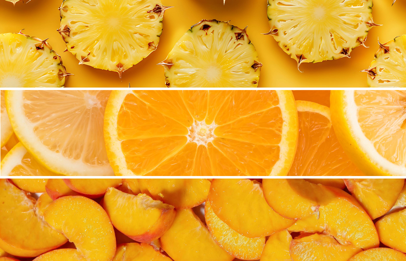 Sliced pineapple and oranges arranged in a pattern on a yellow background