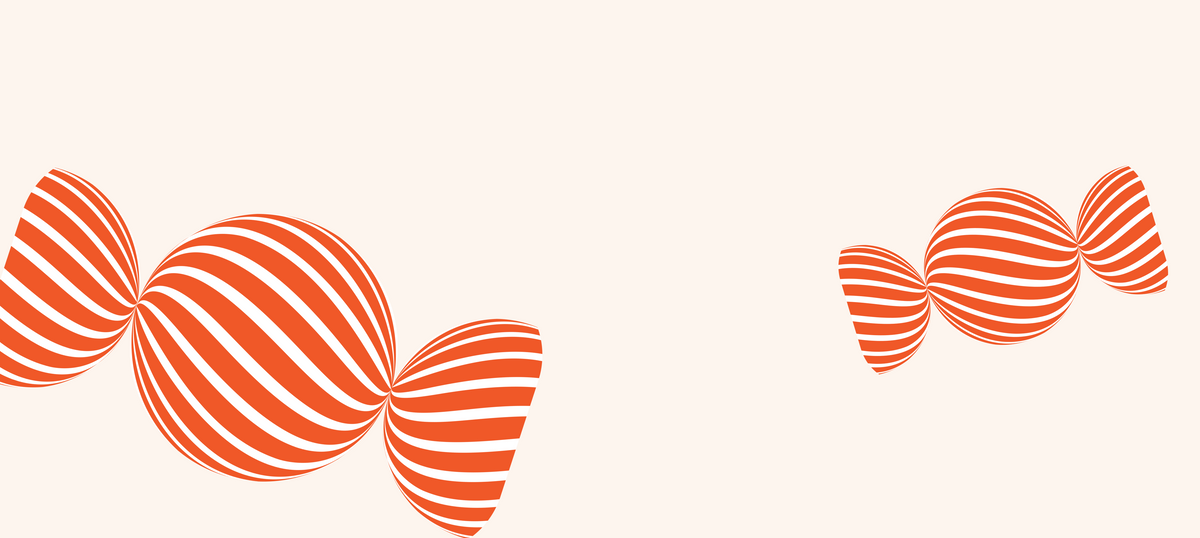 Two orange and white striped candy illustrations on a light cream background.