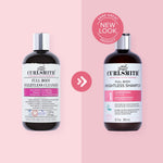 Two bottles of Curlsmith Full Body Weightless products on a pink background with a 'Same Great Product, New Look' label.
