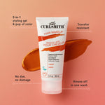Curlsmith hair makeup tube on a peach background with product features highlighted.