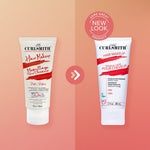 Two bottles of Curlsmith Hair Makeup on a peach background with a 'Same Great Product, New Look' label.