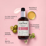 Curlsmith leave-in conditioner bottle with olive oil and leaves on a pink background