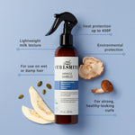 Curlsmith Miracle Shield hair care product with ingredients on a blue background