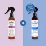 Two bottles of Curlsmith Miracle Shield spray, one on a purple background and one on a blue background with a 'Same Great Product' label.