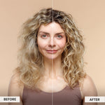 Before and after comparison of a woman with curly hair on a beige background