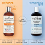 Two bottles of Curlsmith hair care products on a split background, one labeled 'Original' and the other 'Fragrance Free'.