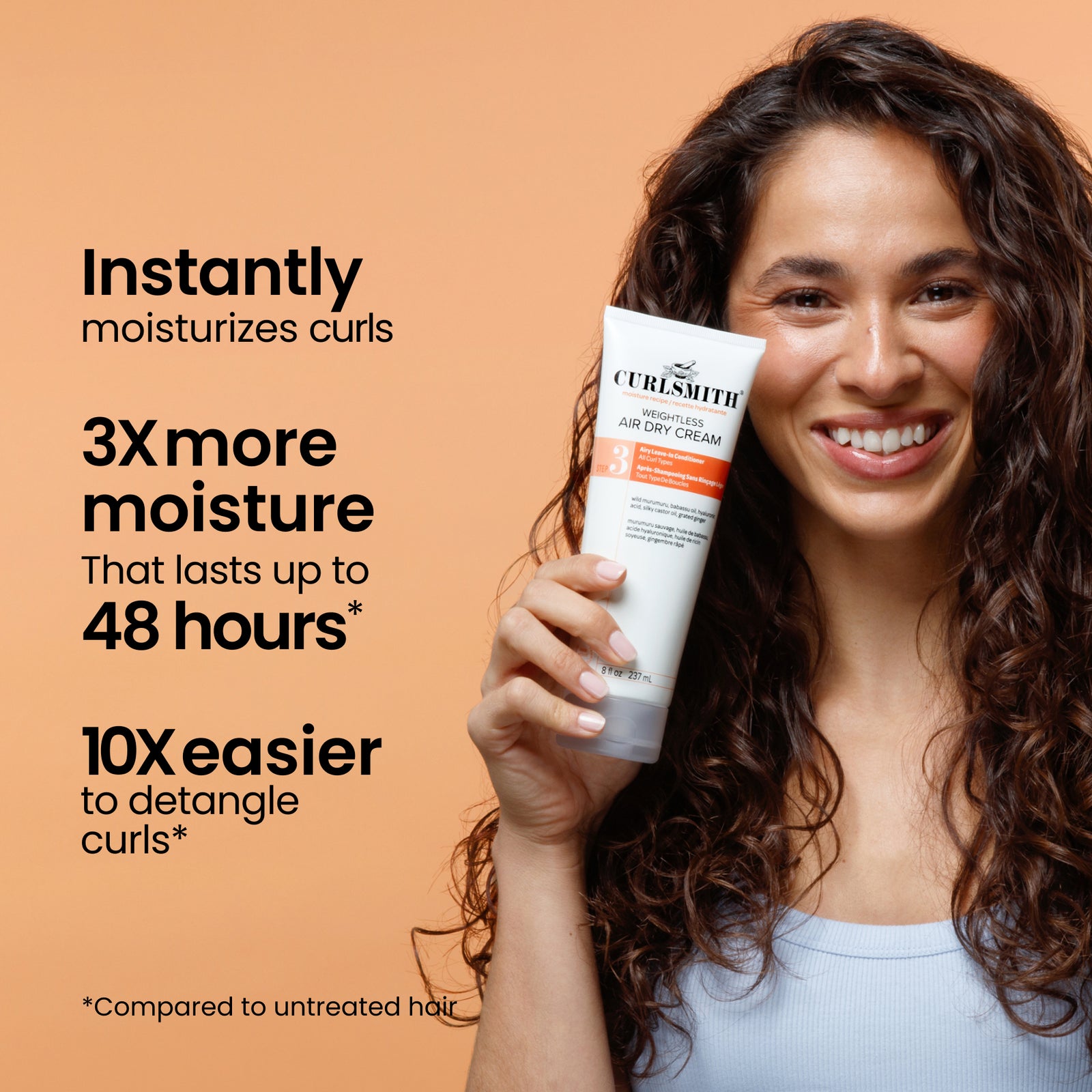 Woman holding a tube of Curlsmith hair care product with text about its benefits on an orange background, Click to enlarge