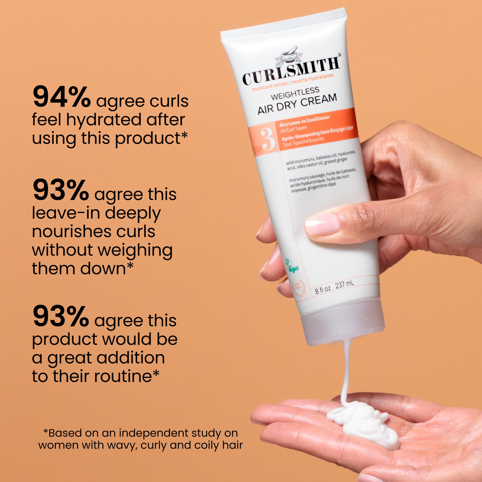 Curlsmith Weightless Air Dry Cream tube with hand holding cream and text on a brown background, Click to enlarge