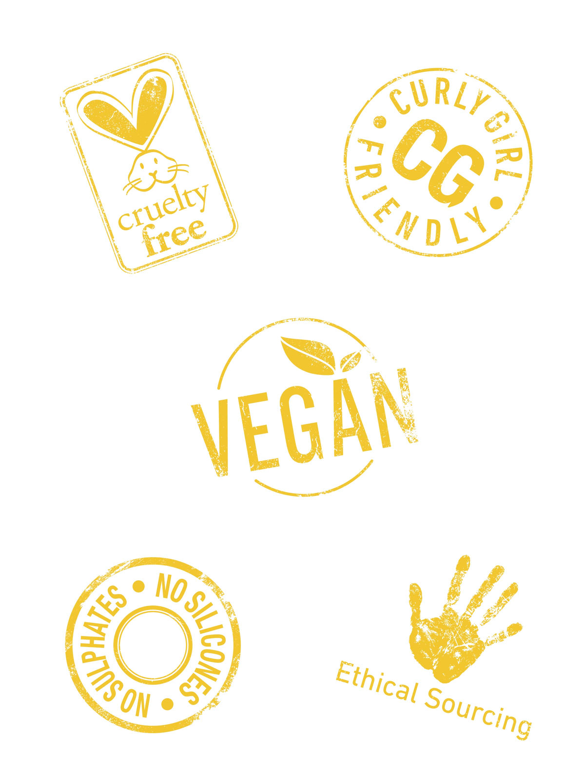 Set of yellow labels indicating cruelty-free, curly girl friendly, vegan, no phthalates, no silicones, and ethical sourcing on a white background.