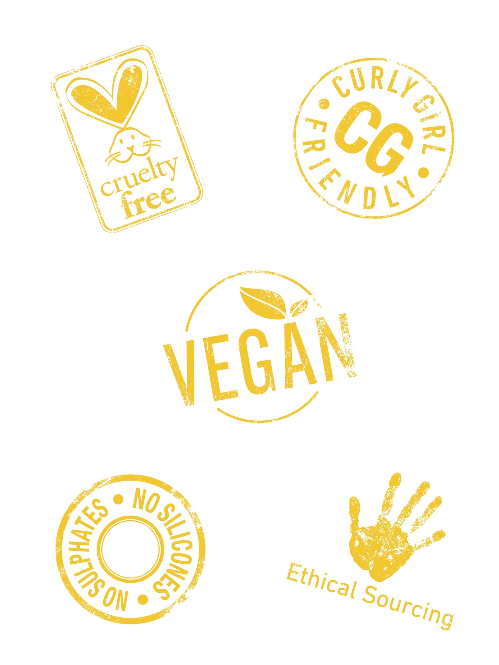 Set of yellow labels indicating cruelty-free, curly girl friendly, vegan, no phthalates, no silicones, and ethical sourcing on a white background.