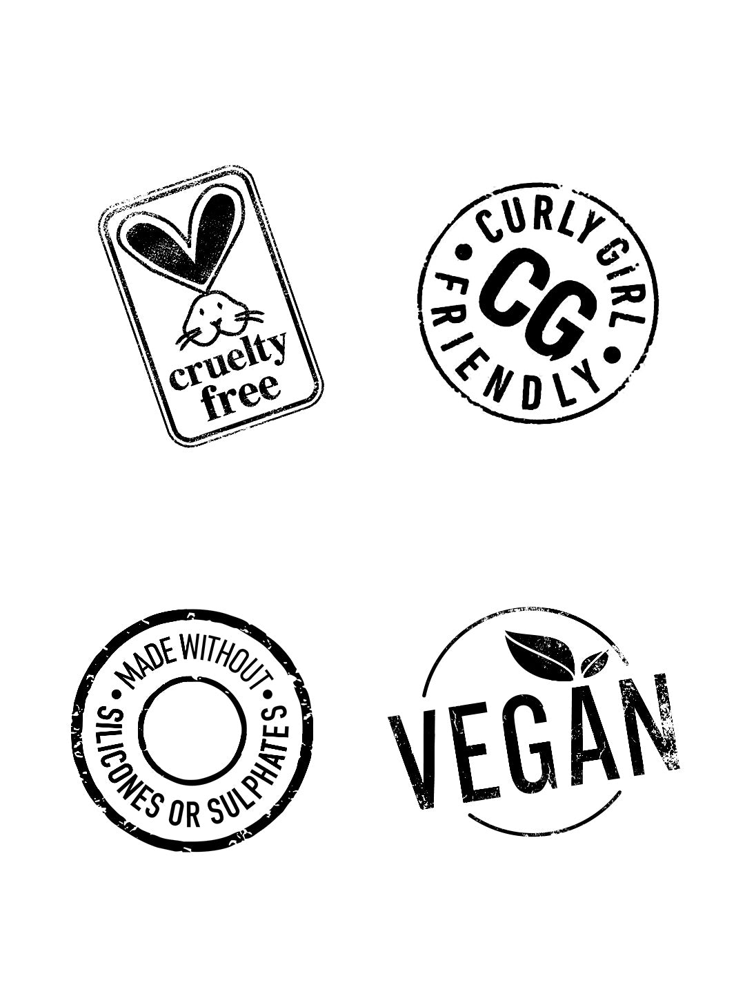 The image contains four black and white icons related to the Curlsmith USA Scalp Stimulating Booster. Top-left: a bunny with "Cruelty Free." Top-right: "Curly Girl Friendly CG." Bottom-left: "Made without Silicones or Sulphates." Bottom-right: two leaves with "Vegan," promoting thicker, healthier hair.