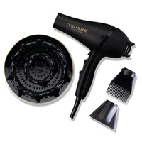 Black hair dryer with attachments on a white background, featuring the 'Curlsmith' brand.